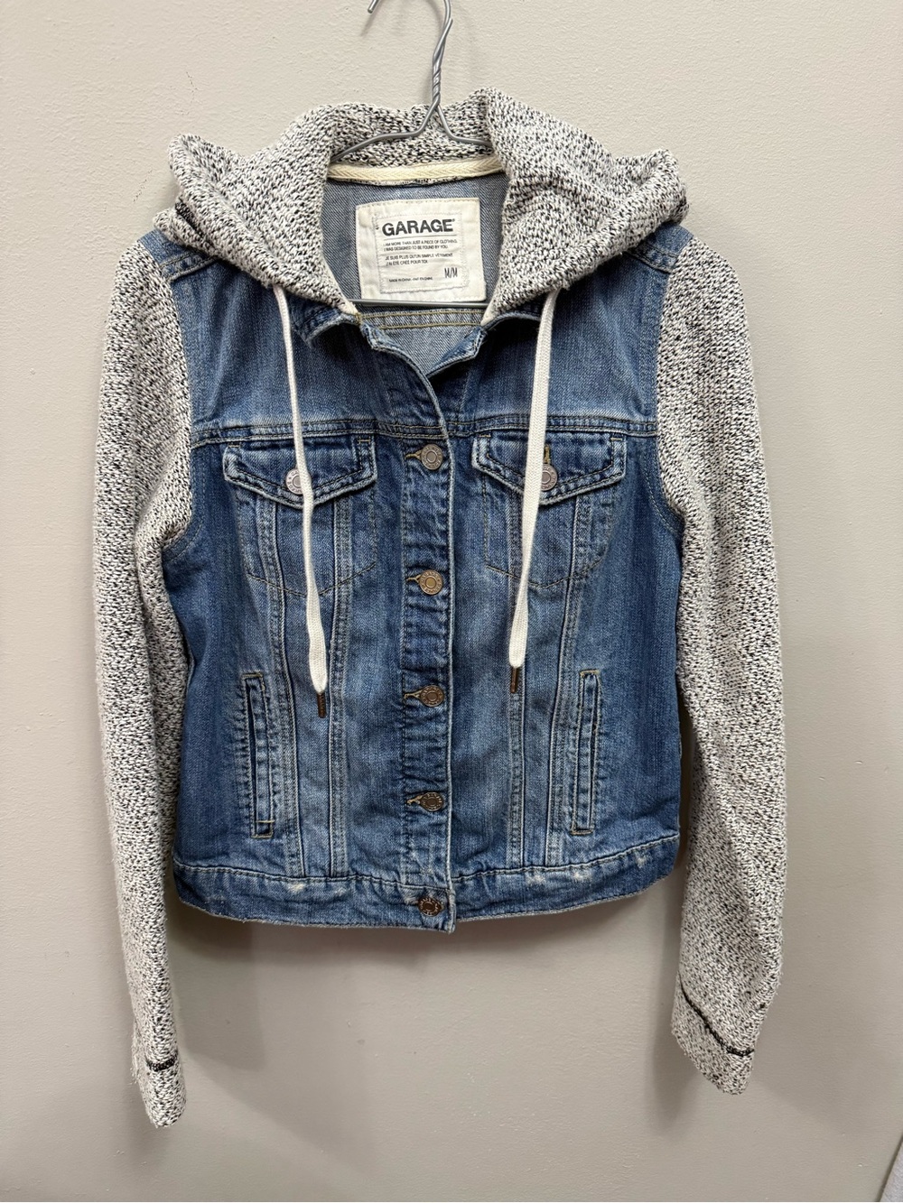 Garage Women’s Blue Denim Jacket with Gray Knit Hoodie/Arms Medium